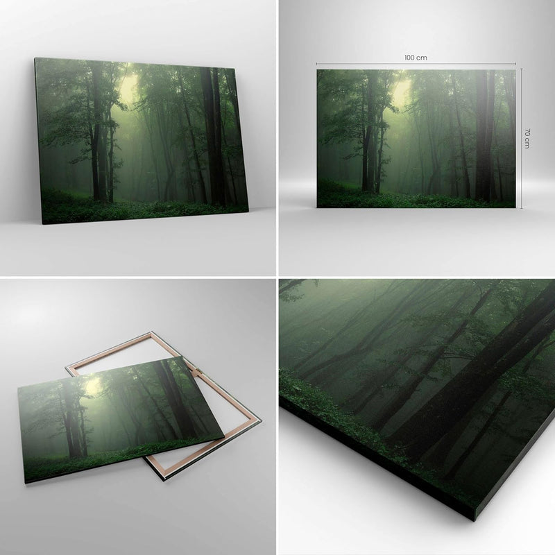 Bilder auf Leinwand 100x70cm Leinwandbild mit Rahmen Wald Nebel Baum Gross Wanddeko Bild Schlafzimme