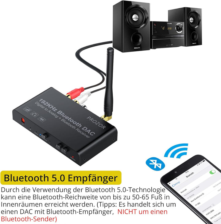 PROZOR DAC Konverter 192kHz Eingebauter Bluetooth V5.0 Empfänger Digital zu Analog Stereo L/R RCA 3.
