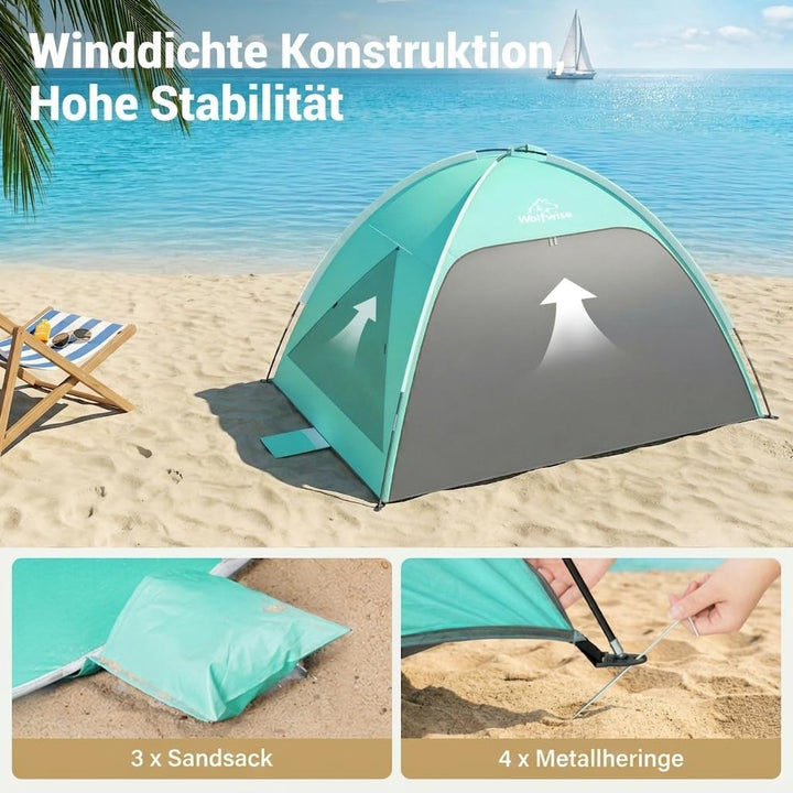 Wolfwise Strandmuschel UV Schutz, 3 Belüftungsfenster & Tragetasche, Strand Zelt mit erweiterbarem B