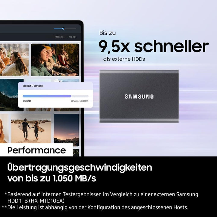 Samsung Portable SSD T7, 1 TB, USB 3.2 Gen.2, 1.050 MB/s Lesen, 1.000 MB/s Schreiben, Externe SSD Fe