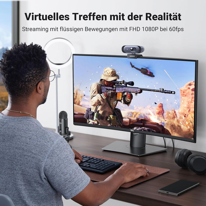 UGREEN Webcam 2K 30FPS Full HD, Webcam mit Dual Mikrofon, 91° Sichtfeld, Sichtschutz, Autofokus, Aut
