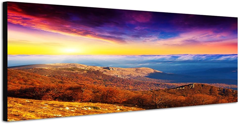Paul Sinus Art Panoramabild auf Leinwand und Keilrahmen 150x50cm Berge Wiesen Wolken Sonnenuntergang