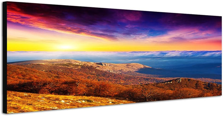 Paul Sinus Art Panoramabild auf Leinwand und Keilrahmen 150x50cm Berge Wiesen Wolken Sonnenuntergang