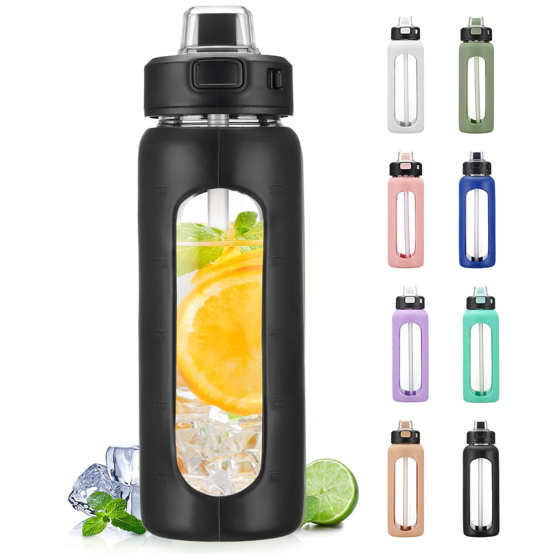BLUEGO 700ml Trinkflasche Glas mit Strohhalm und Griff Auslaufsichere Wasserflasche mit Silikonhülle