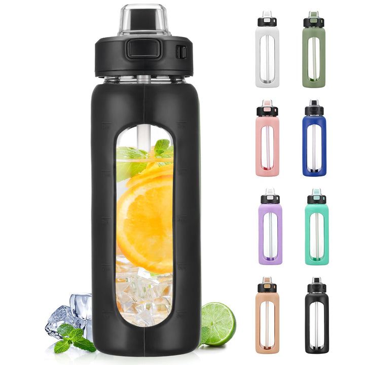 BLUEGO 700ml Trinkflasche Glas mit Strohhalm und Griff Auslaufsichere Wasserflasche mit Silikonhülle