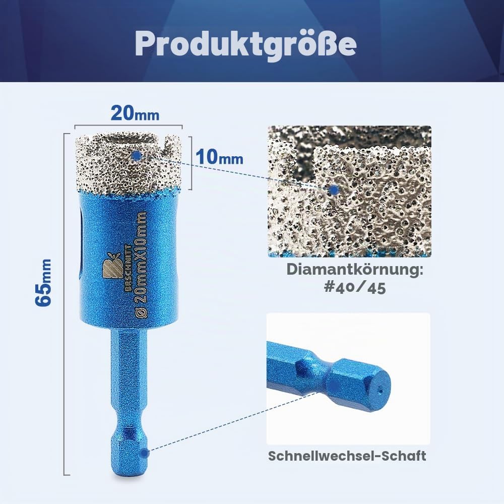Diamantbohrer 20mm, BRSCHNITT Sechskant-Schaft Diamant Lochsäge Bohrer Set für Feinsteinzeug Keramik