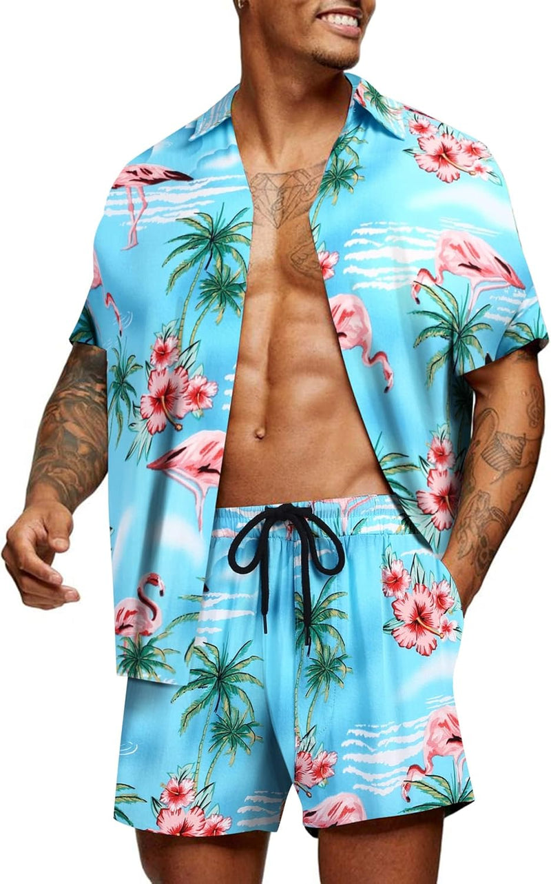 COOFANDY Herren Kurzarm Hemd Blumen Hawaiihemd und Shorts Set Floral Party Outfit Männer Button Down