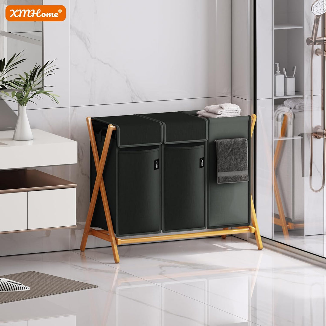 Faltbarer Wäschekorb 148L mit 3 Fächern,Bambus Wäschesammler,X-förmiges Wäsche Sortiersystem mit Dec