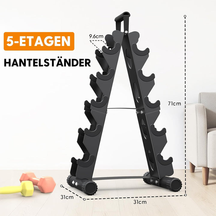 5-Etagen Hantelständer aus Metall, A-Rahmen Design mit Griff, Platzsparendes Fitness-Rack für Home-G