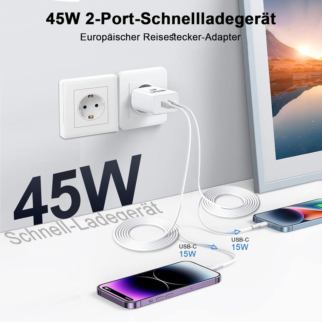 2Pack 45W Dual Port USB C Ladegerät, iPhone 17/16/15 Ladegerät mit 3M langem USB C Ladekabel, PD Sch