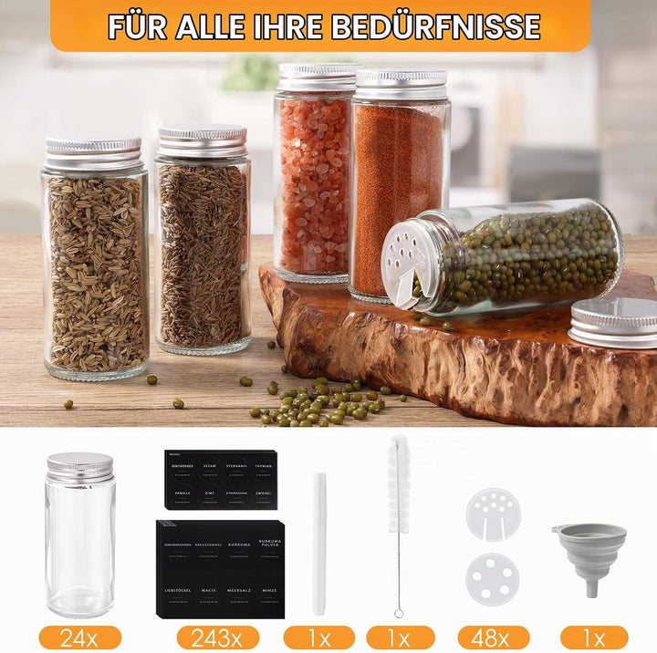 24er Gewürzgläser Rund Set mit Streueinsatz, 120ml Gewürzdosen Glas, Gewürzbehälter Spice Jars, Gewü