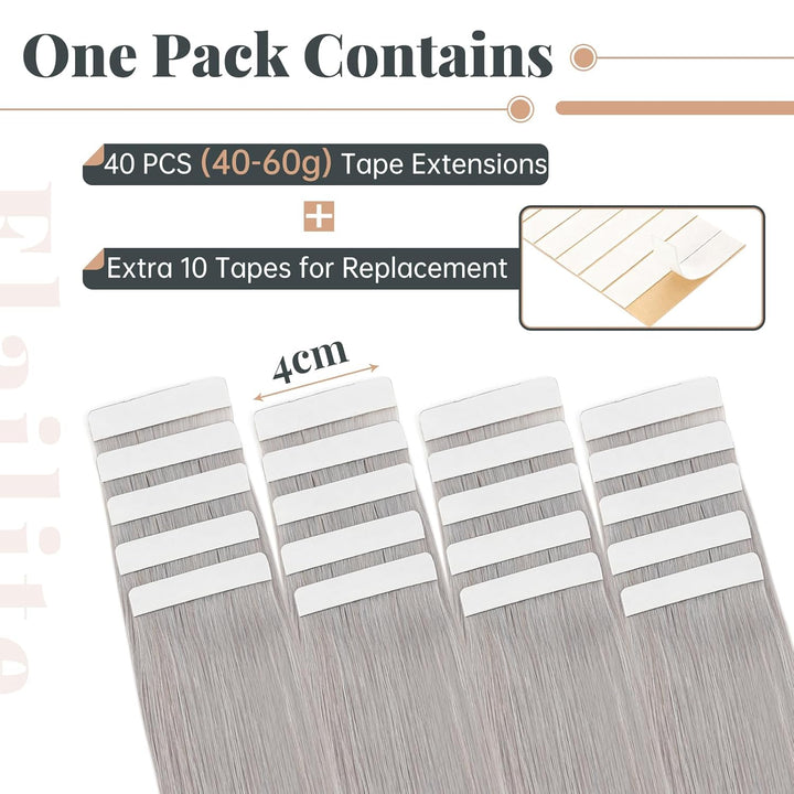 Elailite Extensions Echthaar Tape Grau, 20 Stück 30g Unsichtbar Kleber Haarverlängerungen Glattes 50