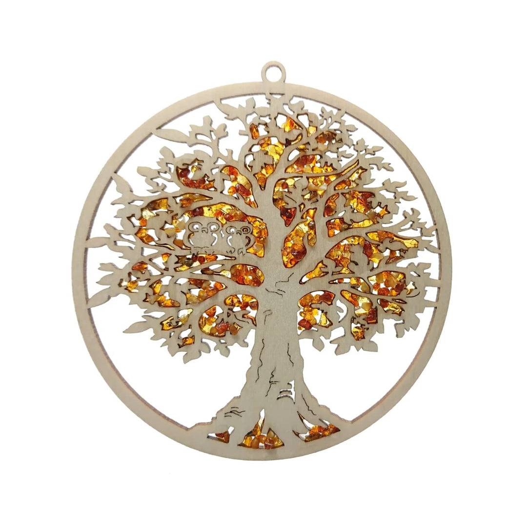 Fensterbild Fensterdeko Sonnenfänger gross Suncatcher Bernstein in Birkenholz "Baum mit Eulen" Ø 20,