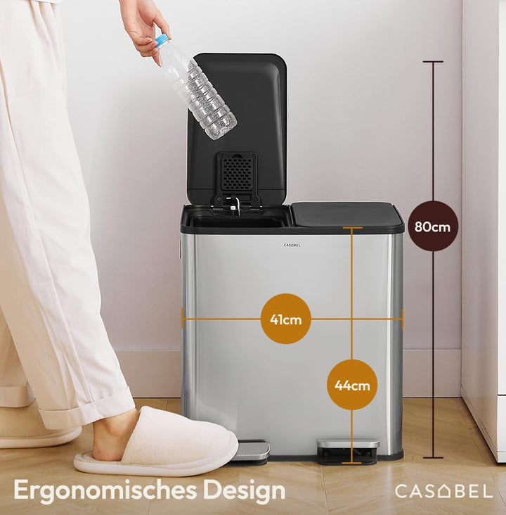 CASABEL Mülleimer Küche mit 2 Fächern, 2x15L, Tretmülleimer aus 100% Edelstahl, fingerabdruckresiste