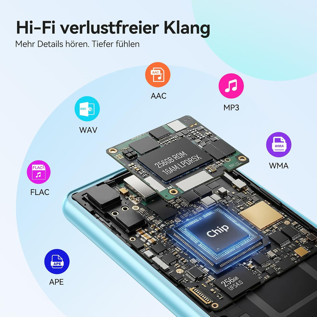 AGPTEK 128 GB MP3 Player mit Bluetooth 5.4, 2,4 Zoll Musik-Player mit One-Click-Aufnahme, eingebaute