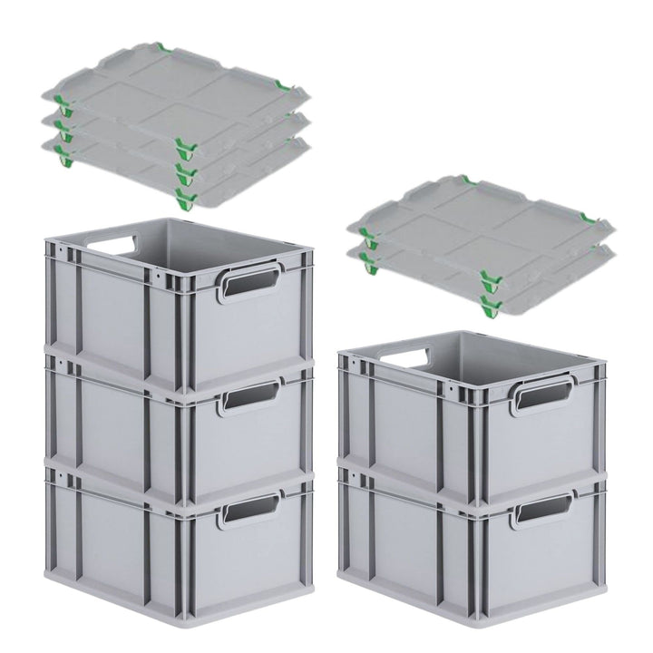 PROREGAL SuperSparSet 5x Eurobox NextGen Economy mit Auflagedeckel und 4x Schiebeschnappverschlüsse