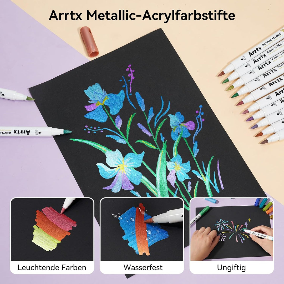 Arrtx Metallic-Acrylfarbstifte, 30 Farben wasserfeste Acrylmarker zum Bemalen von Steinen, Keramik,