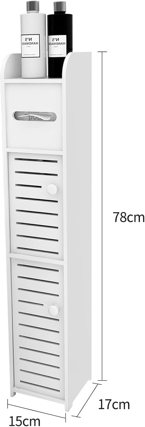 17x15x78cm Doppeltür PP Badezimmerschrank Weiss – Schmaler WC Schrank mit Toilettenpapierhalter, Pla