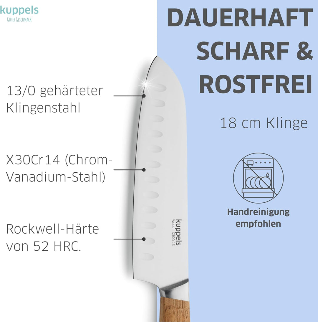 Kuppels Wood Santoku Messer mit Kullenschliff, 17 cm Klingenlänge, extrem scharf & schnitthaltig, Me