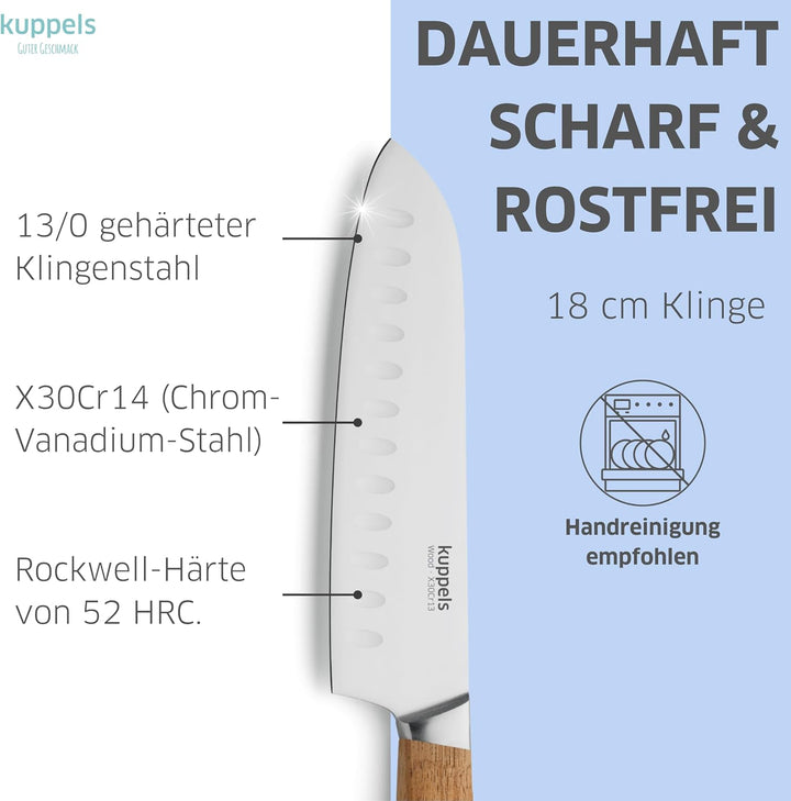 Kuppels Wood Santoku Messer mit Kullenschliff, 17 cm Klingenlänge, extrem scharf & schnitthaltig, Me