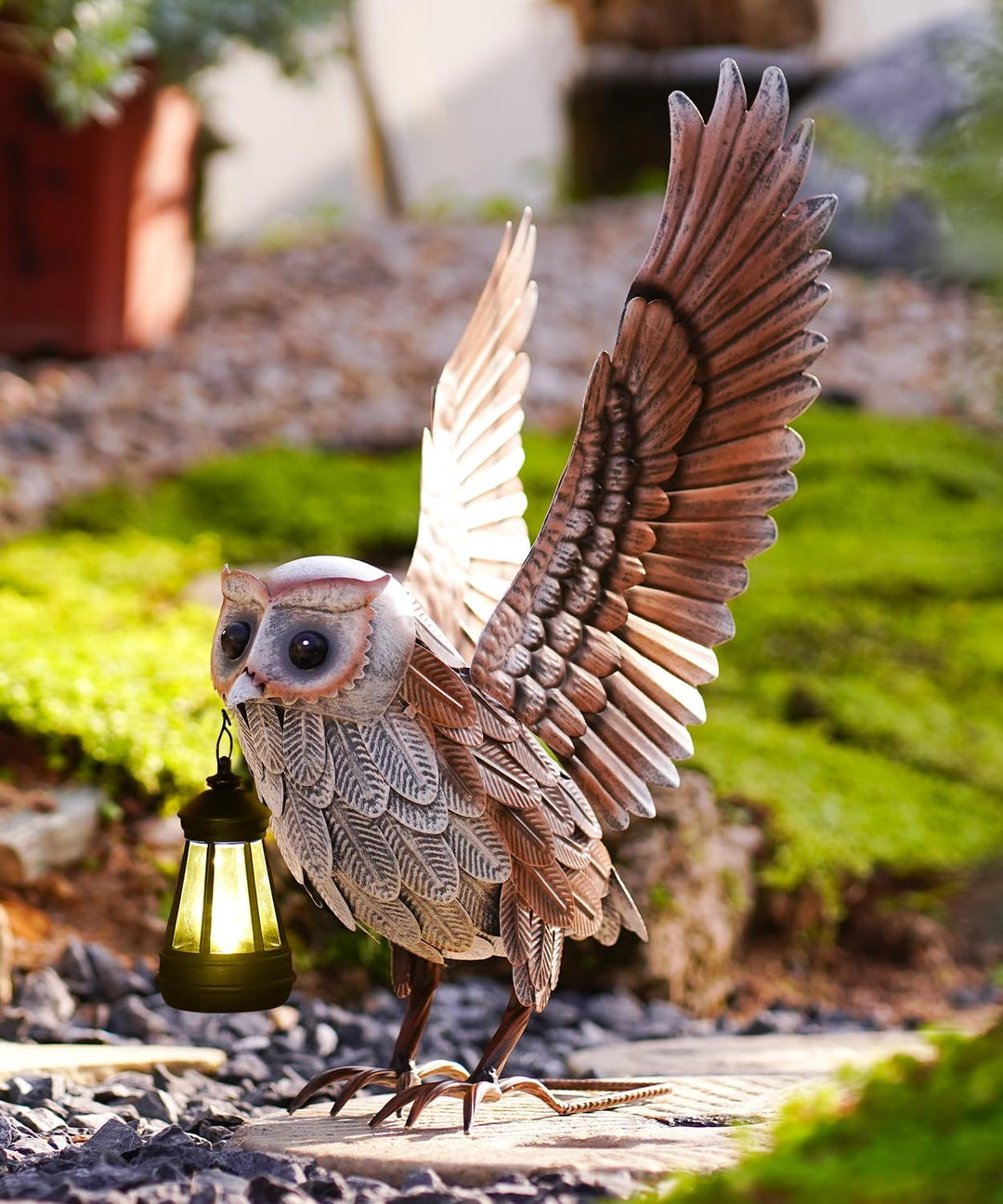 Metall Eule Figuren mit Solarlampen Deko Wohnzimmer und Gartendeko: Eulen Vogel Gartenfiguren für Dr