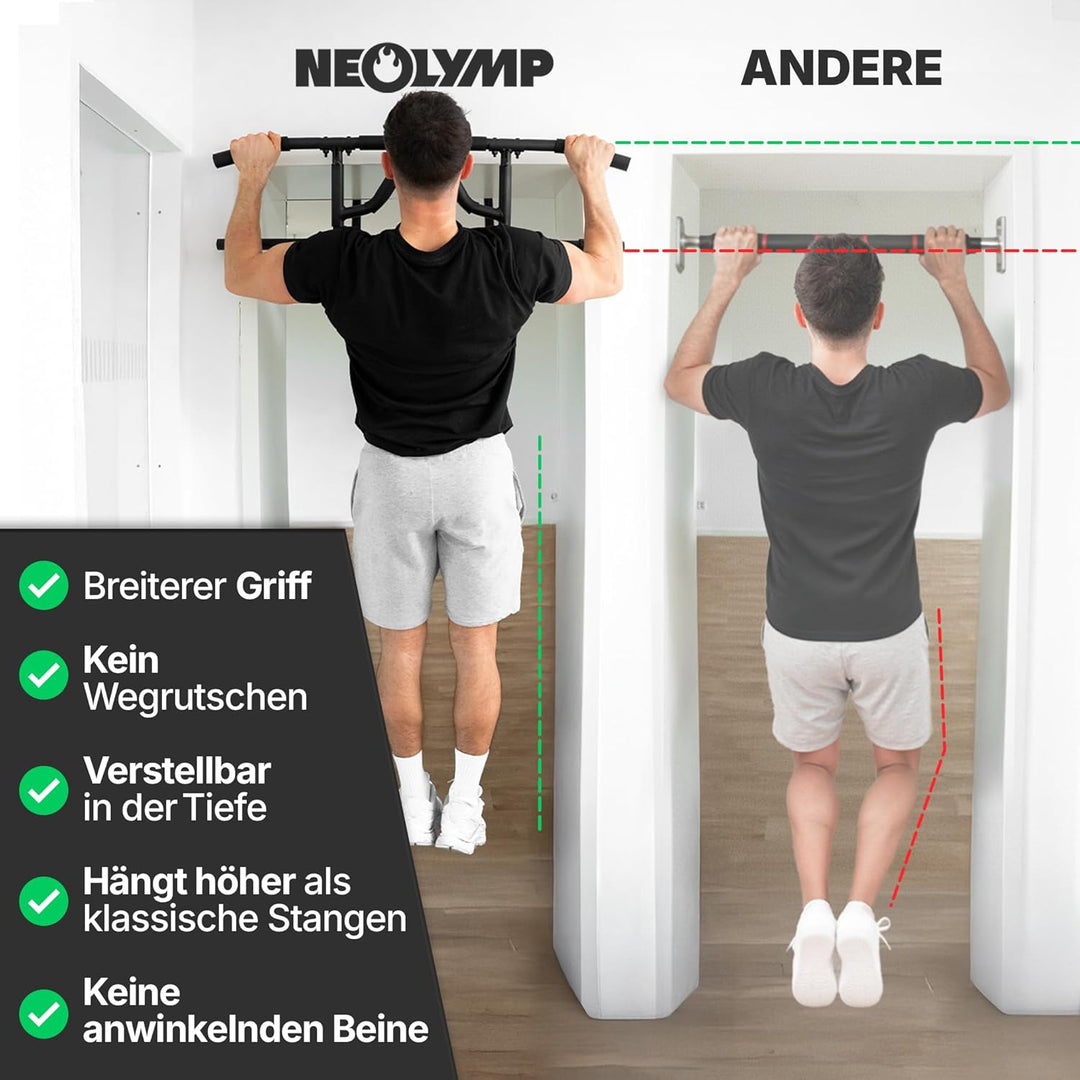 NEOLYMP Klimmzugstange Türrahmen ohne Schrauben – verstellbare Pull Up Bar zum Einhängen, passt in j