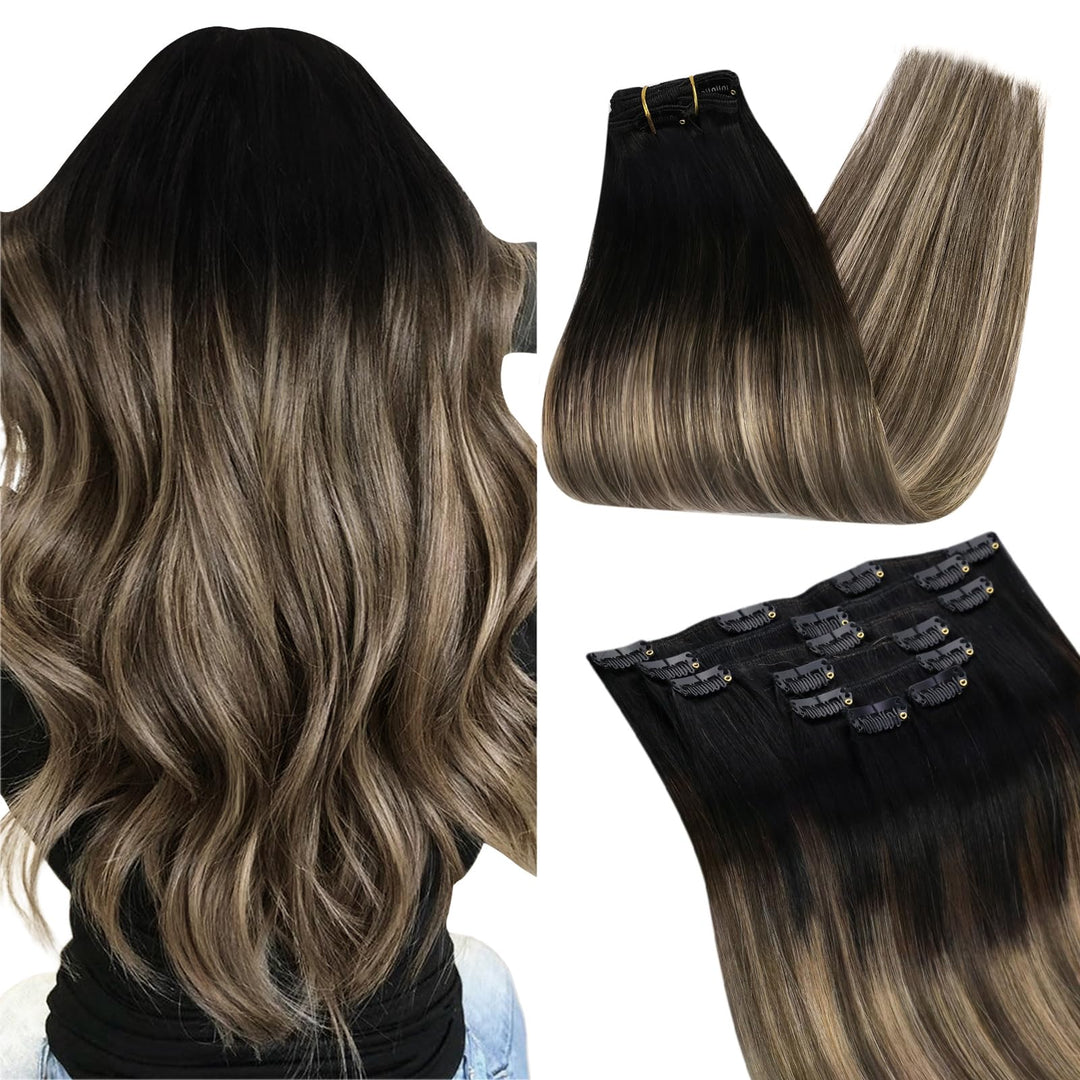 Ugeat Clip in Extensions Echtes Haar Haarverlängerungen 35cm 120g Clip in Schwarz bis Braun und Kara