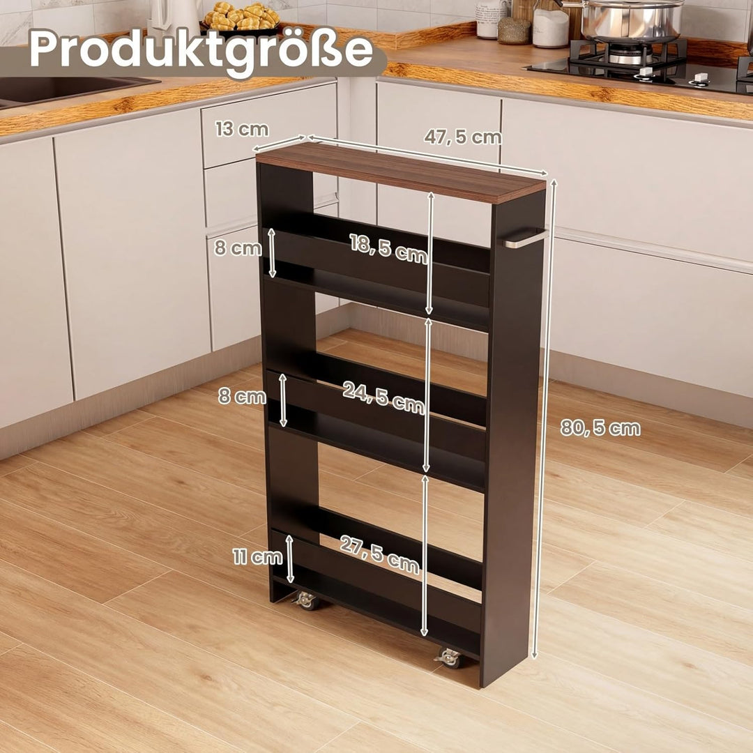 COSTWAY Nischenwagen 13cm breit, 4 Etagen Küchenwagen schmal, Nischenregal auf Rollen, Servierwagen