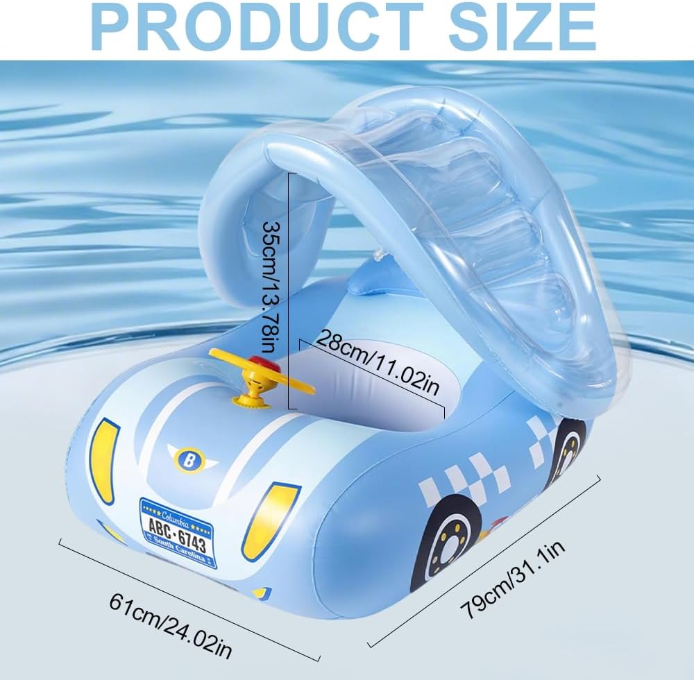 Baby Schwimmring mit Sonnendach, Schwimmring Baby mit Dach UPF50+, Sportauto mit Lenkrad, Leicht zu
