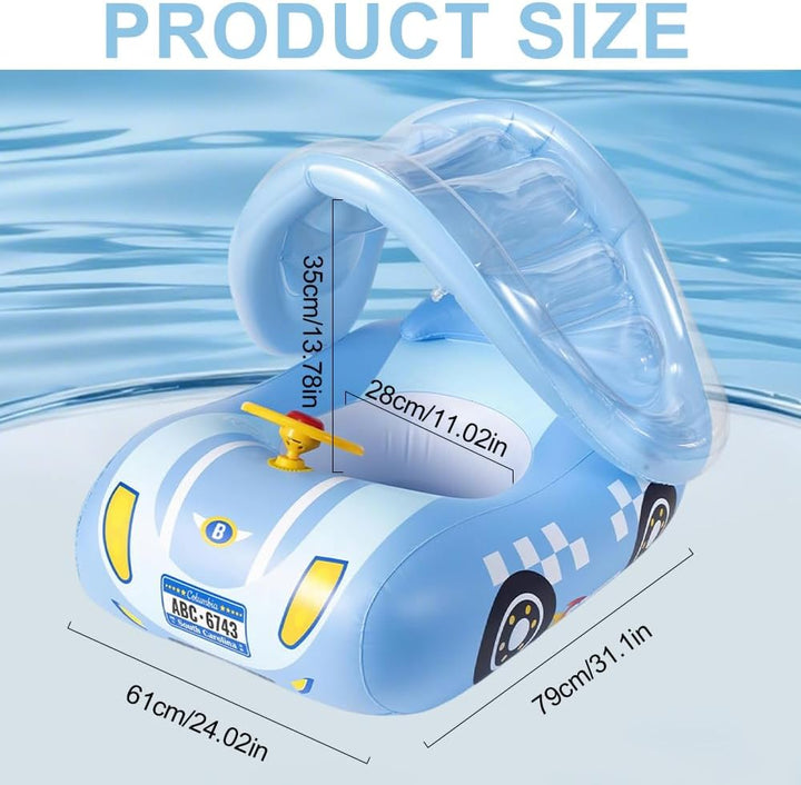Baby Schwimmring mit Sonnendach, Schwimmring Baby mit Dach UPF50+, Sportauto mit Lenkrad, Leicht zu