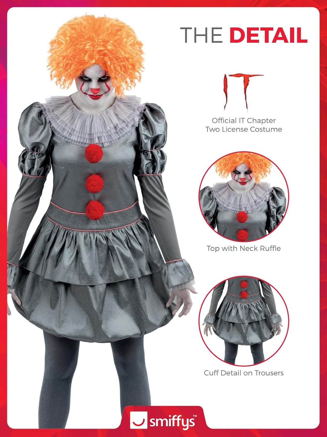Smiffys IT Chapter Two Pennywise Kostüm für Erwachsene, Kleid mit Nackenrüschen und Strumpfhosen, gr