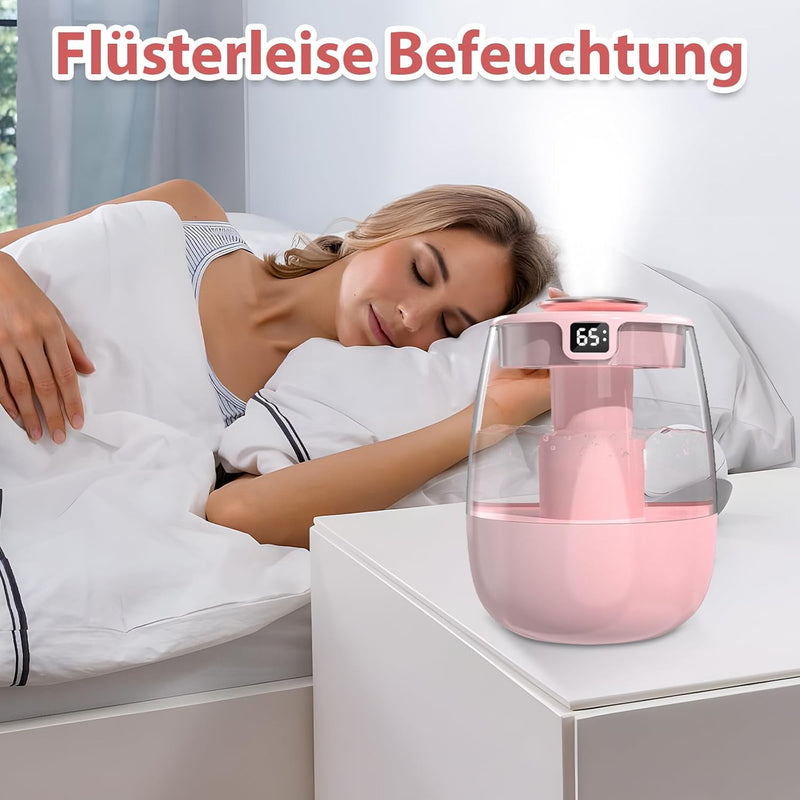 Luftbefeuchter, 1L Leise Humidifier mit 2 Loch, Luftbefeuchter mit leiser USB-Digitalanzeige, 2 Nebe