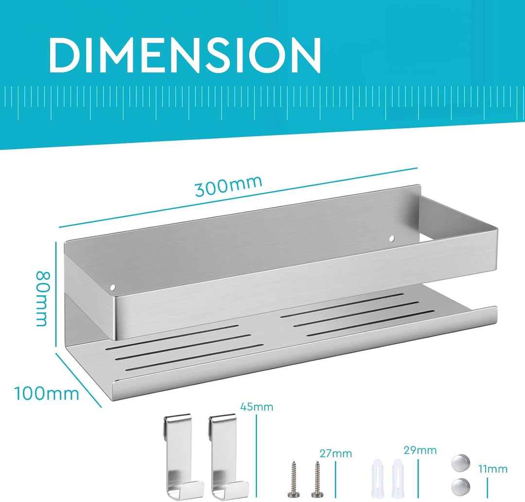 Duschablage Ohne Bohren 30CM, Duschregal Wand Edelstahl Badregal mit 2 beweglichen Haken Duschkorb S