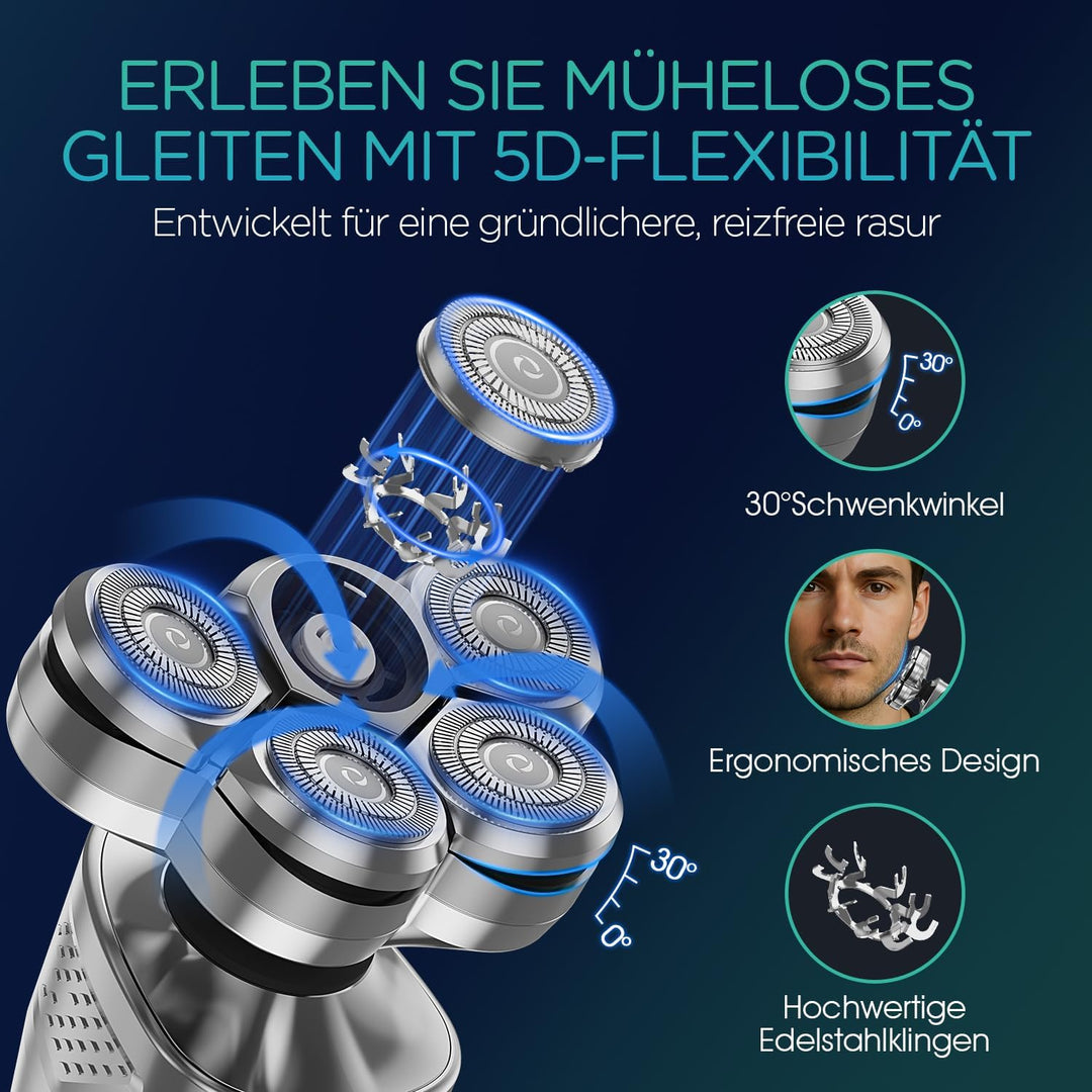 VOYOR Rasierer Herren Elektrisch, 5D-Drehköpfe, Nass- und Trockenrasierer | Elektrorasierer Herren R