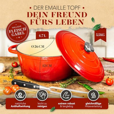 KRUSTENZAUBER Gusseisen Topf [inkl. Fleischgabel] - 26cm Schmortopf backofengeeignet - Idealer Bräte