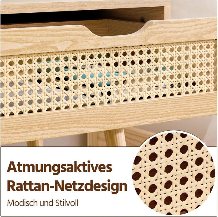 Yaheetech Nachttisch 2er Set mit Schublade Beistelltisch Rattan Nachtkommode Holzbeine Nachtschrank
