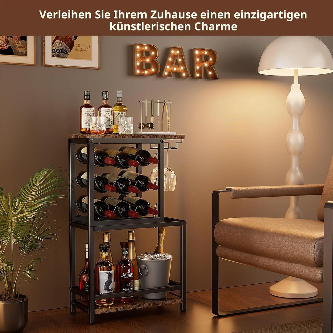 Nuovoware 3 Tier Weinregal Freistehend Boden, Weinregal Tischplatte mit Gläserhalter, Vielseitig Liq