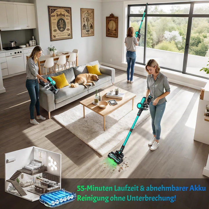 Akku Staubsauger 50KPa/500W/55Mins, Staubsauger Kabellos mit Wandmontierte Ladestation, Selbststehen