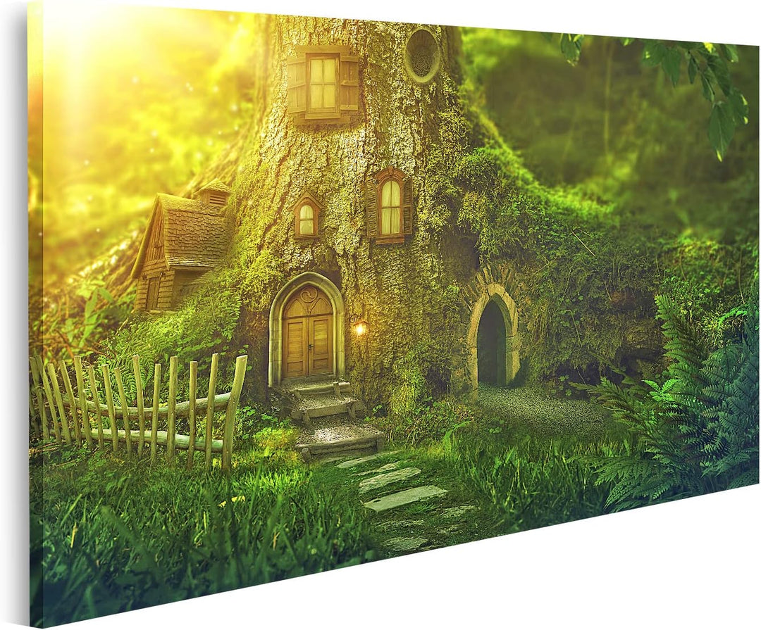 islandburner Bild auf Leinwand Fantasie Baumhaus Tiefer Wald Bilder Wandbilder Poster Leinwand 80x40