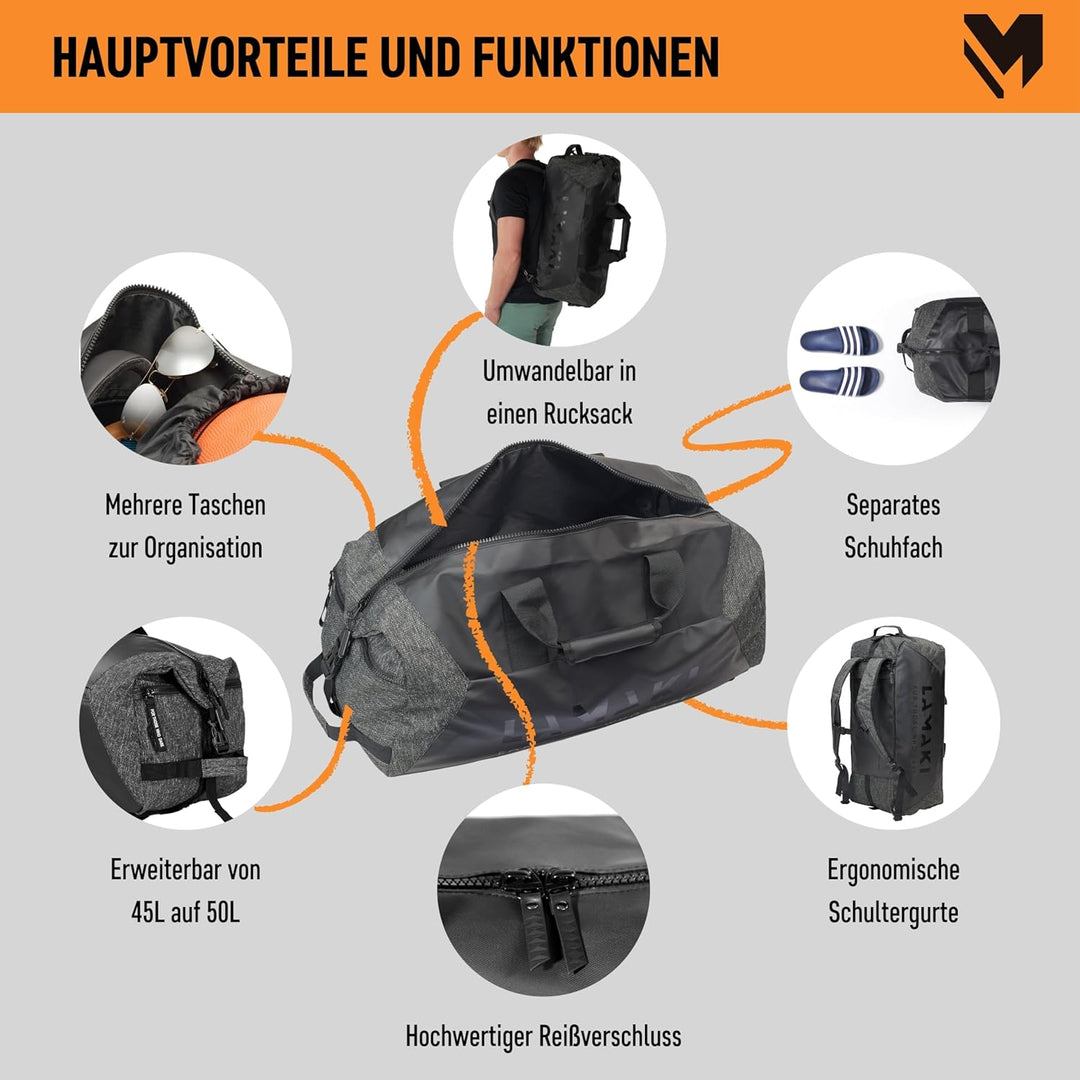 Lamaki Sporttasche Herren & Damen 45L Duffle Bag - Multifunktional 2-in-1 Sporttasche mit Rucksackfu