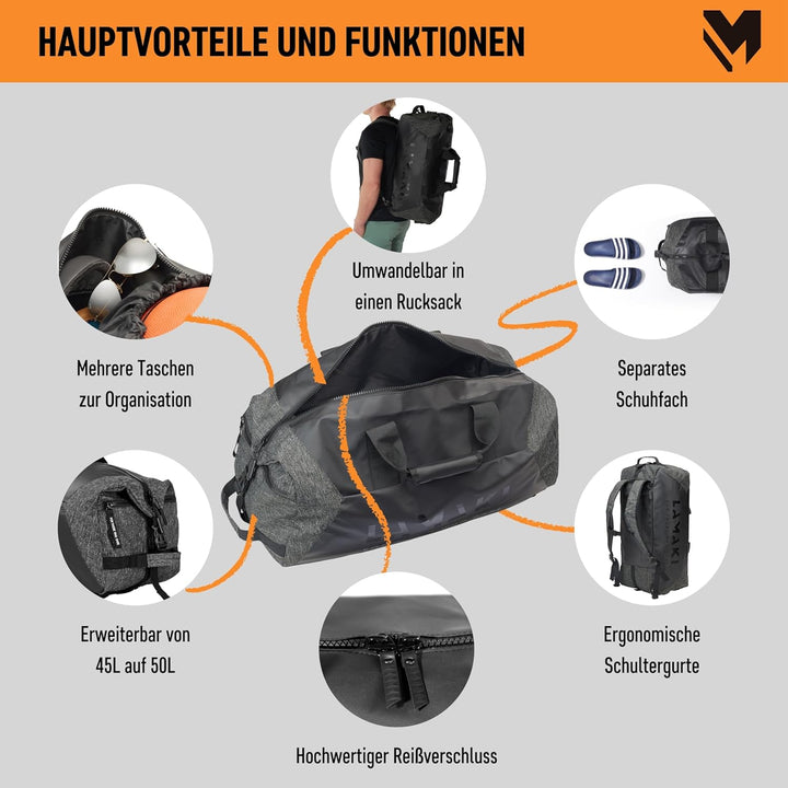 Lamaki Sporttasche Herren & Damen 45L Duffle Bag - Multifunktional 2-in-1 Sporttasche mit Rucksackfu