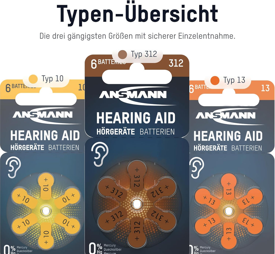 ANSMANN Hörgerätebatterien 312, 60 Stück, Batterien Typ 312 P312 ZL3 PR41, braun, Zink-Luft, Sparpac
