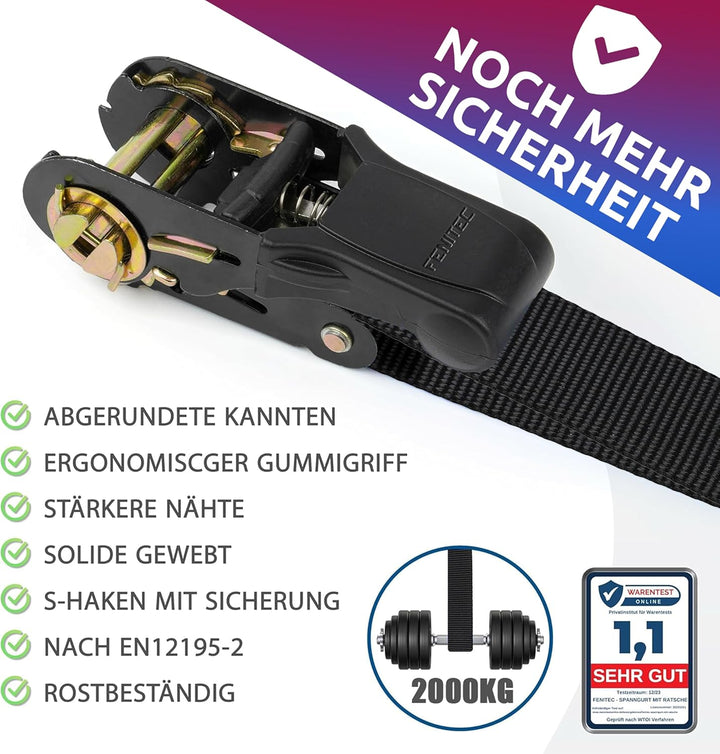 Spanngurte mit Ratsche und Haken 2000 KG Bruchlast 1000 KG Tragkraft -12-TLG. 5m 25mm - EN12195-2 Zu