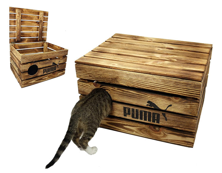 Rustikale Katzentruhe aus Holz Katzenhöhle in Obstkisten Design Katzenkorb mit Deckel für Katzen Kat