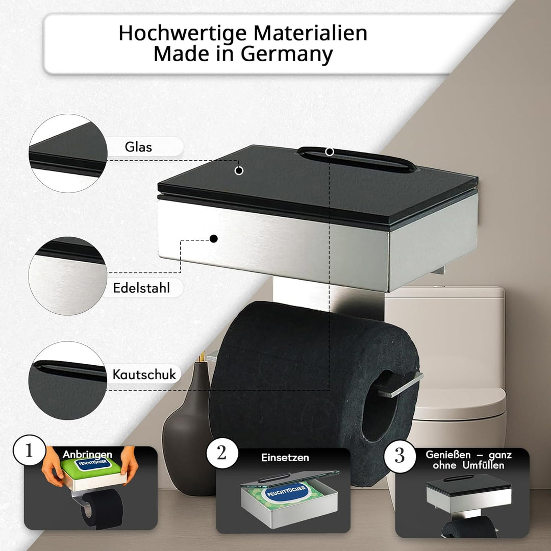 Toilettenpapierhalter mit Feuchttücherbox - Gehäuse Poliert & Abdeckung Glas Schwarz- befüllbar von