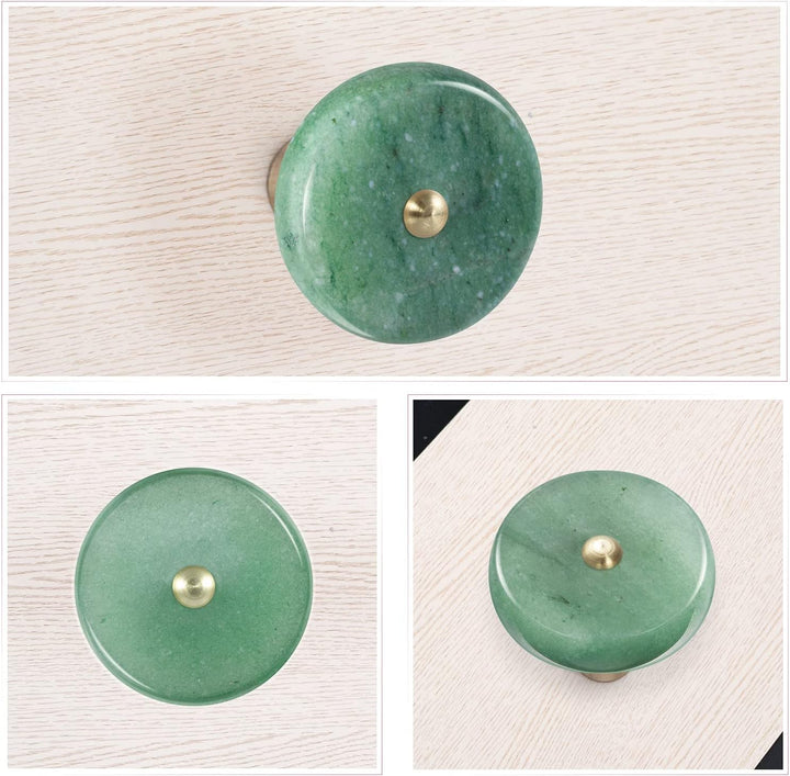 KYEYGWO 4 Stück Grüner Aventurin Natürlicher Kristall Möbelknöpfe mit Schraube, Runde Stein Schublad