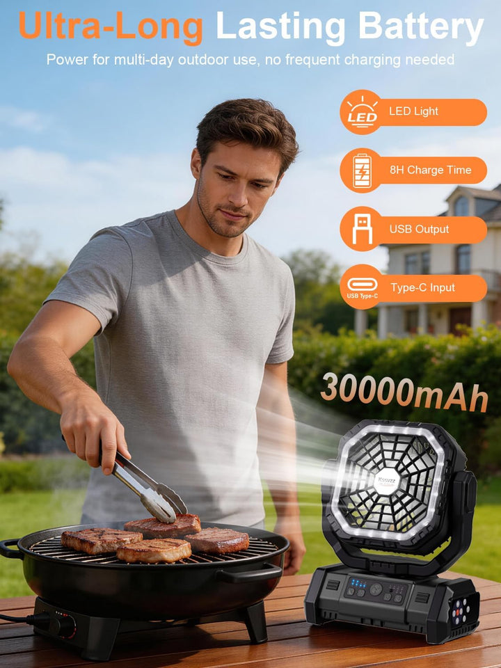 Wiederaufladbarer Camping Ventilator mit Auto-Schwenk &amp; Fernbedienung | 30000mAh Akku betriebener Ze