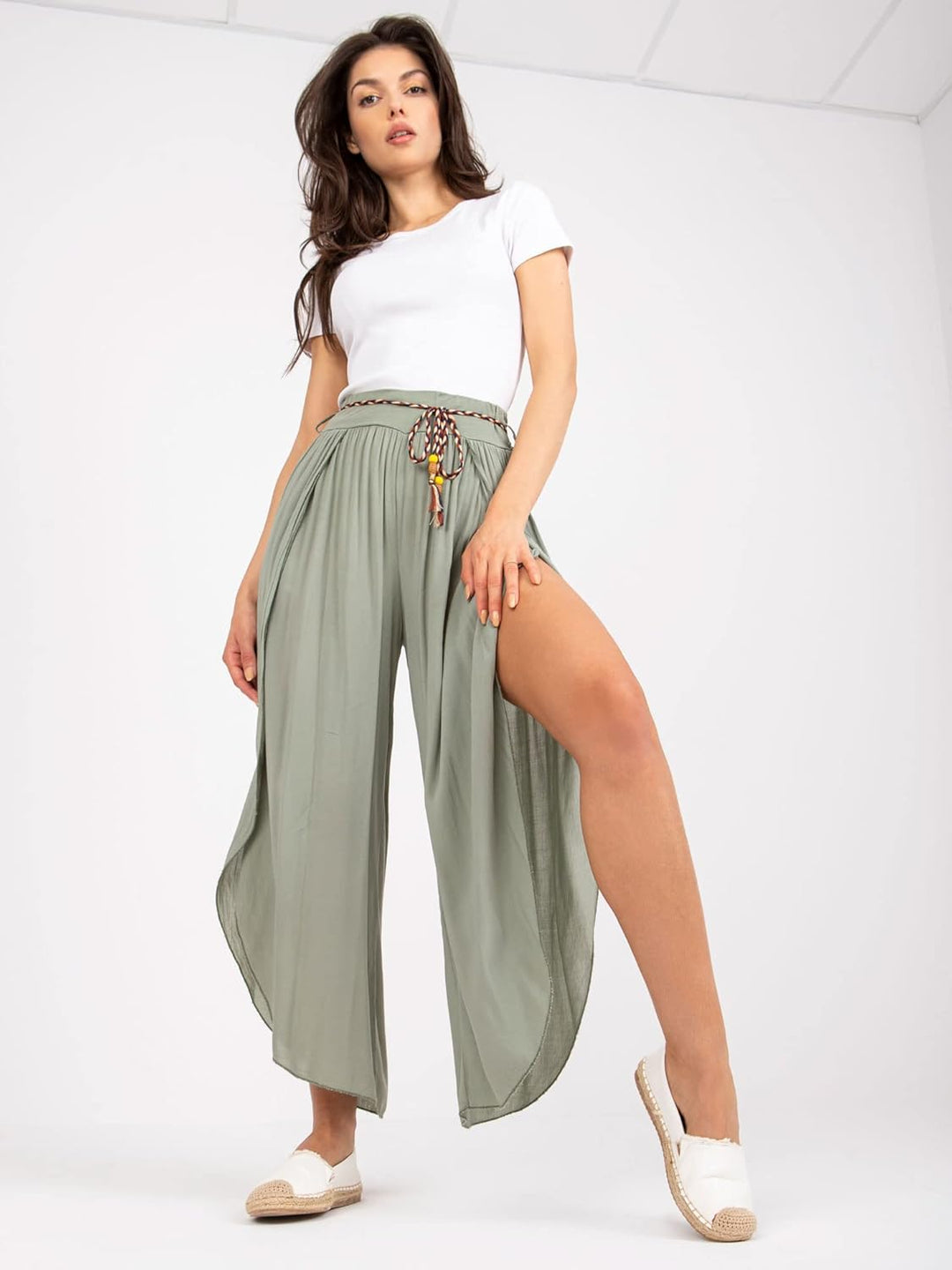 Weite Lockere Damenhose mit Geschlitztem Bein Damenhose mit Schlitzen Wickelbeinen, Luftig Leichte V