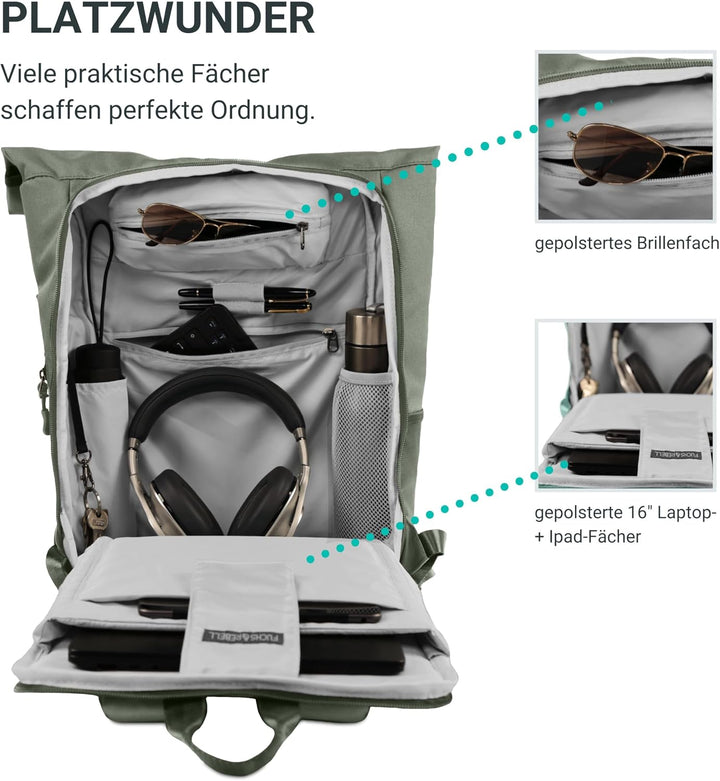 Rolltop Rucksack PIET mit Rückenzipper Hell Grün, Hell Grün