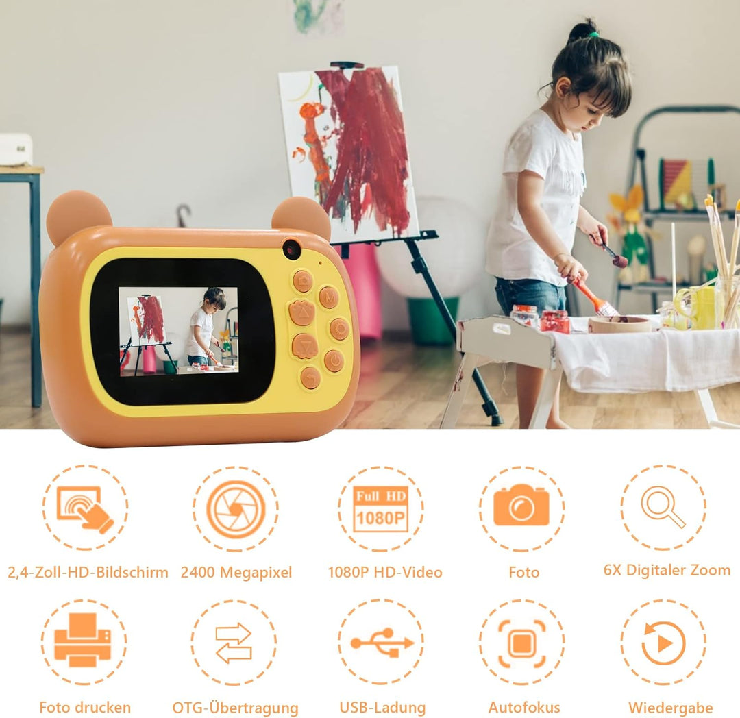 Sofortbildkamera für Kinder, 6,1 cm LCD-Bildschirm Druckkamera, Digitalkamera Mit 6-fachem Zoom, 24